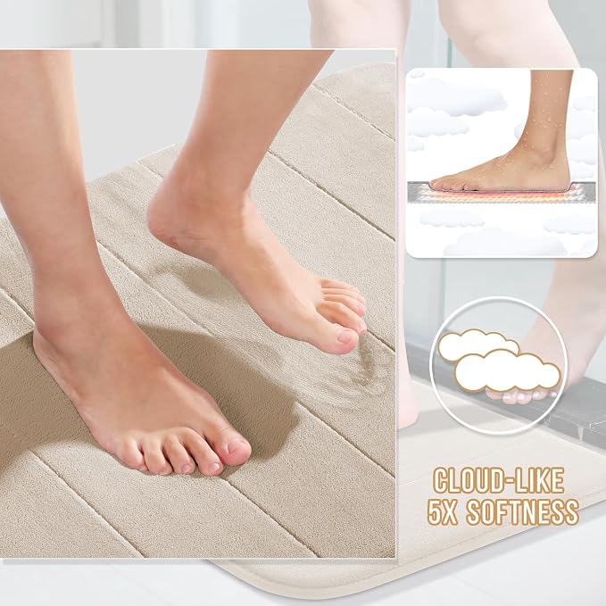 Yimobra Memory Foam Bathroom Rugs Sets 2 Piece - Super Soft Absorbent Quick Dry Bath Mat Set, Machine Washable Non Slip Floor Carpet for Tub Shower & Single Sink (17x24 & 31.5x20 Inch, Beige)