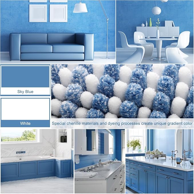 Bathroom Rugs Sets 2 Piece, Non Slip Striped Bath Mats, Sky Blue | 20"x32" Plus 16"x24", Soft Absorbent Chenille, Quick Dry Machine Washable, Shower Rug for Bathroom Floor, Tub, Bedroom Decor