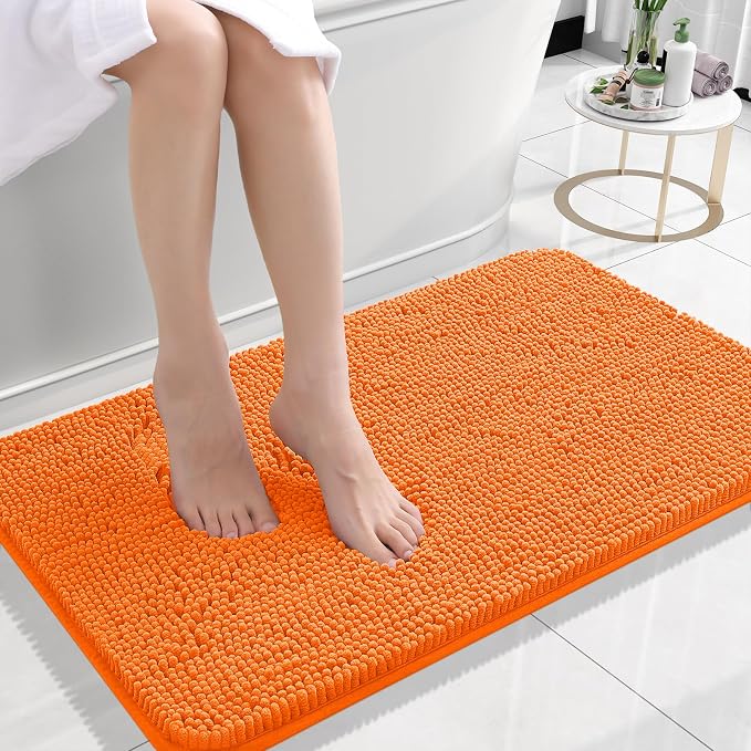 OLANLY Small Bathroom Rugs 24x16, Extra Soft Absorbent Chenille Bath Rugs | Orange, Quick-Drying Rubber Backing, Machine Washable Bath Mat for Bathroom Floor, Tub and Shower, Home Decor Accessories