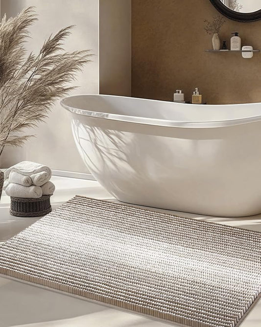 Large Chenille Bathroom Rugs, 24x43 Striped Bath Mats, Light Taupe | Non Slip Backing, Extra Soft Absorbent, Quick Dry Machine Washable, Shower Rug for Bathroom Floor, Tub, Bedroom Decor