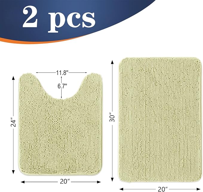 OLANLY Chenille Bathroom Rugs Mats Sets 2 Piece, 30"x20"+24"x20", Vanilla | Soft Absorbent Bath Mat and U-Shaped Contour Toilet Rug Set, Quick Dry, Machine Washable Bath Carpet, Home Decor Accessories