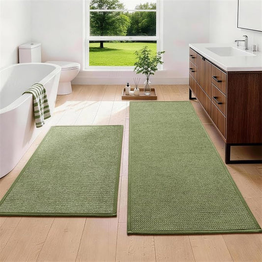 Long Large Bathroom Rugs Sets 2 Piece, Quick Dry Thin Bath Mat, Non Slip Absorbent Machine Washable, Bath Runner Rug for Tub Sink Home Decor (24"x36" + 24"x59",Green)