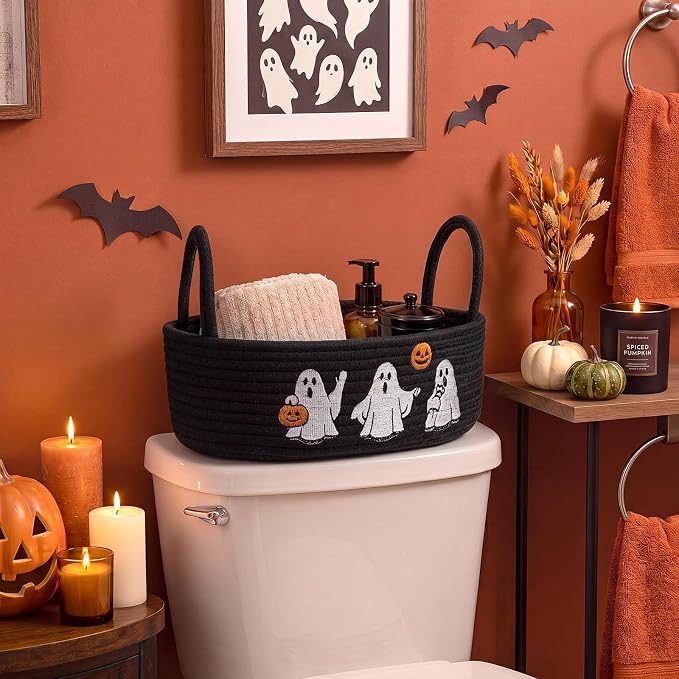 Vesici Halloween Ghost Woven Storage Basket for Toilet Tank Top Black Cotton Rope Bathroom Countertop Organizer Basket with Handle Halloween Bathroom Decor for Bedroom Nursery, 13 x 6 x 4 Inch