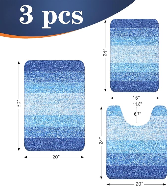 OLANLY Microfiber Bathroom Rugs Sets 3 Piece, 30"x20"+24"x16"+24"x20" | Light Royal Blue, Soft Absorbent Bath Mats and U-Shaped Contour Toilet Rug, Machine Wash Dry, Plush Bath Mat Set for Bathroom