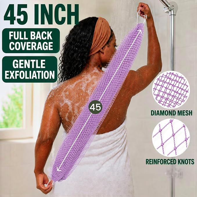 Authentic African Net Sponge,2Pack 45In Exfoliating Bath Sponge and Shower Loofah for Body and Back,Colorfast Quick-Dry Knotted Mesh Scrubber with Travel Pouch(Lavender purple&Bright yellow)