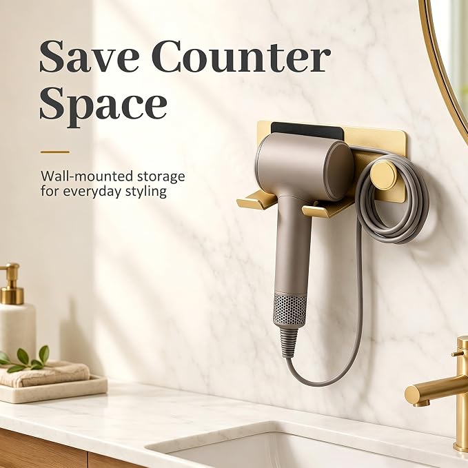 BVL Brushed Gold Hair Dryer Holder Wall Mount, Aluminum Blow Dryer Rack with Anti-Scratch Pad, Adhesive Pad & Screws Included, Renter Friendly Bathroom Organizer