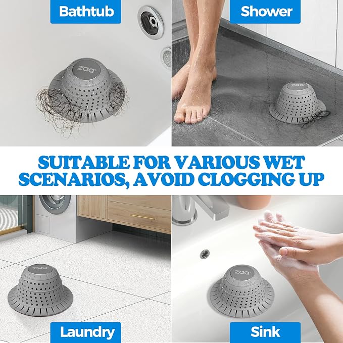 Shower Drain Hair Catcher Bathtub Drain Strainer Sink Drain Protector | Collapsible Pop-Up Drain Hair Catcher, Traps Hair & Prevents Clogs, Easy to Clean, Bathroom Fixture Accessories, Gray