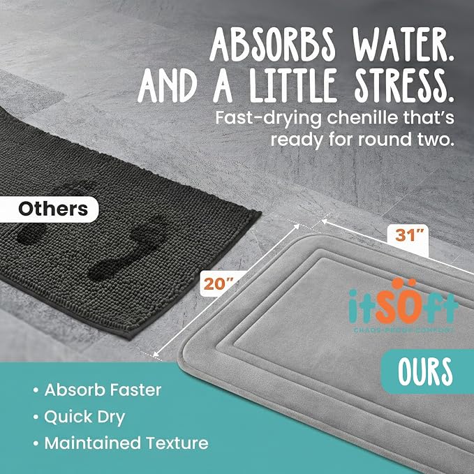 ITSOFT Memory Foam Bath Mat 31x20, Non Slip, Machine Washable, Quick Dry & Absorbent Rugs, Bath Mats for Bathroom Floor, Tub & Shower, Bathroom Rug, Gray