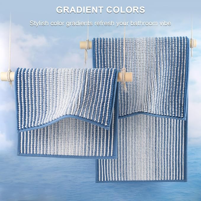 Bathroom Rugs Sets 2 Piece, Non Slip Striped Bath Mats, Sky Blue | 20"x60" Plus 20"x32", Soft Absorbent Chenille, Quick Dry Machine Washable, Shower Rug for Bathroom Floor, Tub, Bedroom Decor