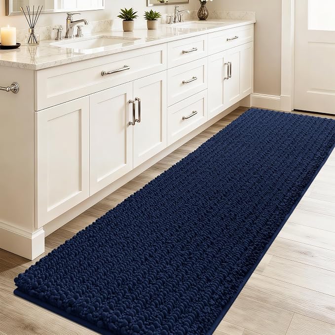 ACCUMTEK Upgrade Luxury Navy Blue Bathroom Rug Mat 48"x17", Ultra Soft Thick Absorbent Bath Mats, Non Slip Chenille Toilet Mat for Bathroom, Bedroom, Kitchen, Shower, Tub
