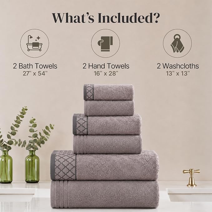Modern Threads 6 Piece Cotton Bath Towel Set – Ultra Soft 550 GSM Towels – Bathroom Set with Hand Towels and Washcloths – Diamond Border (Silver Cloud)