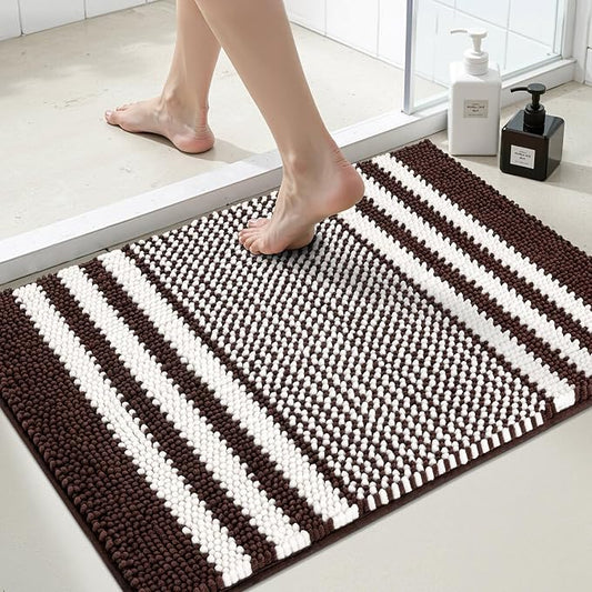 Bathroom Rugs, 20x32 Chenille Bath Mats, Coffee | Extra Soft Absorbent, Non Slip Striped, Quick Dry Machine Washable, Modern, Shower Rug for Bathroom Bedroom Decor