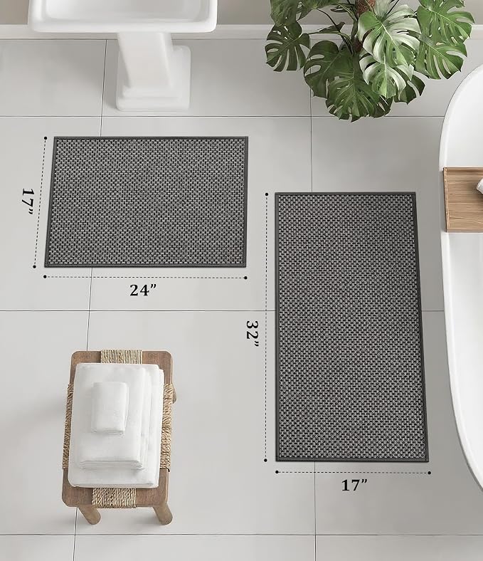 YIHOUSE Thin Bath Mat Dark Grey Bathroom Rugs Sets 2 Pieces, Non Slip Absorbent Mats Quick Dry, Woven Rugs Washable, Tapetes para Baño for Bathroom Toliet,Bathtub(17"x24"+17"x32")