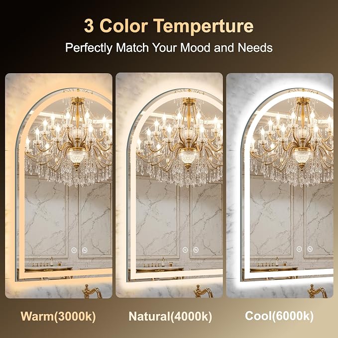 Arched LED Lighted Bathroom Mirror with Lights 28"x36"Smart Anti-Fog | Dimmable 3 Color Modes, Backlit and Front Lit, Memory Function, HD Tempered Glass,Touch Sensor