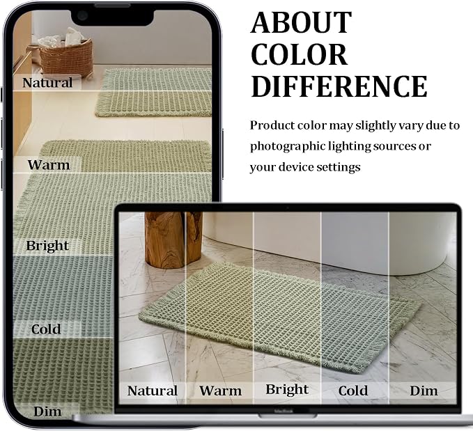 JIUZHEN Set of 2 Waffle Bathroom Rugs Non Slip Bath Mats, 16"x24"+24"x60" | Sage Green, Boho, Absorbent, Washable, Ultra Soft, Fast Drying Bath Rug and Bathroom Runner for Kitchen Hallway Laundry