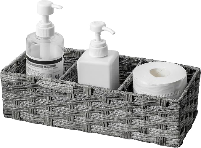 Toilet Tank Topper Paper Basket Multiuse Hand Woven Plastic Wicker Basket Bins with Divider for Shelves Rustic Farmhouse Bathroom Decor Countertop Organizer Storage