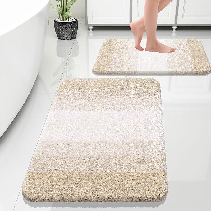 OLANLY Micorfiber Bathroom Rug Set 2 Piece, 30"x20"+24"x16" | Light Beige, Soft Absorbent Bath Rug Set, Non-Slip, Machine Wash Dry, Plush Shaggy Bath Mats for Bathroom