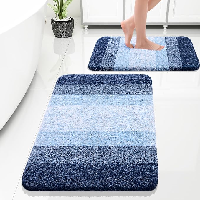 OLANLY Micorfiber Bathroom Rug Set 2 Piece, 30"x20"+24"x16" | Navy, Soft Absorbent Bath Rug Set, Non-Slip, Machine Wash Dry, Plush Shaggy Bath Mats for Bathroom