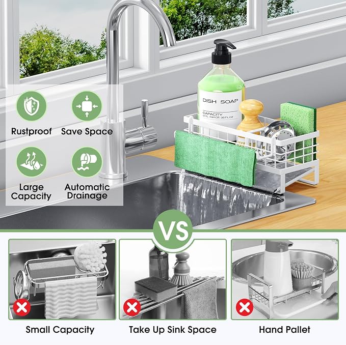 Self-Draining Kitchen Sink Caddy, Rustproof Non-Slip Sponge Holder with Detachable Dish Cloth Holder (White)