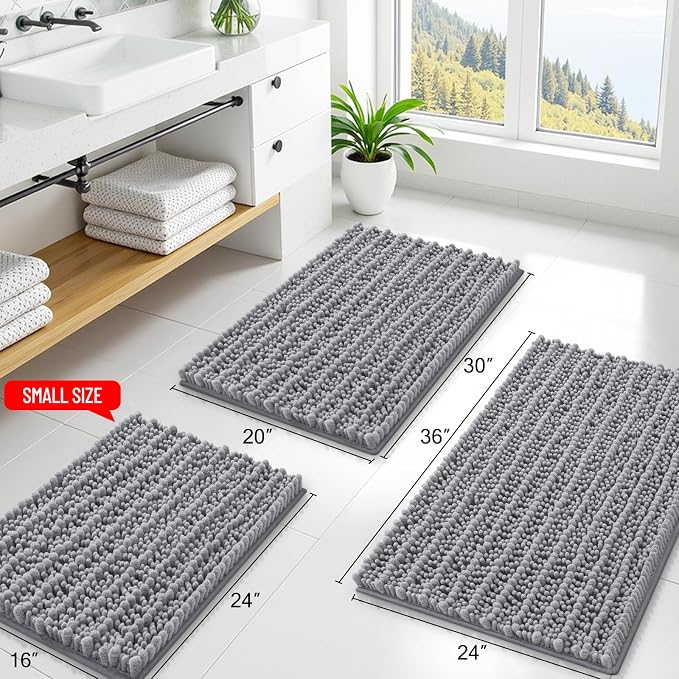 Smiry Bathroom Rugs Sets 2 Piece (49x20+30x20), Extra Soft Bath Mats | Grey Soft Absorbent, Rubber Backing Machine Washable Quick Dry Chenille Bath Rug Set for Tub, Shower, and Floor