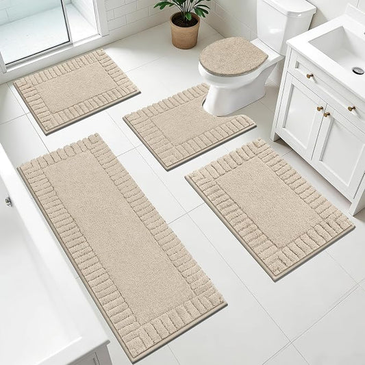 Pauwer Bathroom Rugs Set 5 Piece Non Slip Washable Bath Mat, Light Beige | U Shaped Contour Toilet Rugs, Soft Plush, Absorbent, Microfiber Shower Rug, Quick Dry Toilet Lid Cover