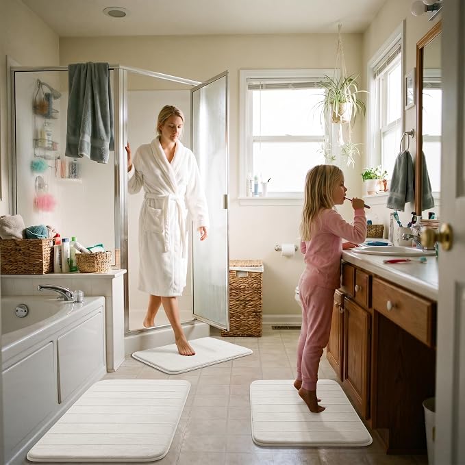 Yimobra Memory Foam Bath Mat Set 3 Pieces- Super Soft Absorbent Quick Dry Bathroom Rug Sets, Machine Washable Non Slip Floor Carpet for Tub Shower, Vanity & Toilet Base, Cream White