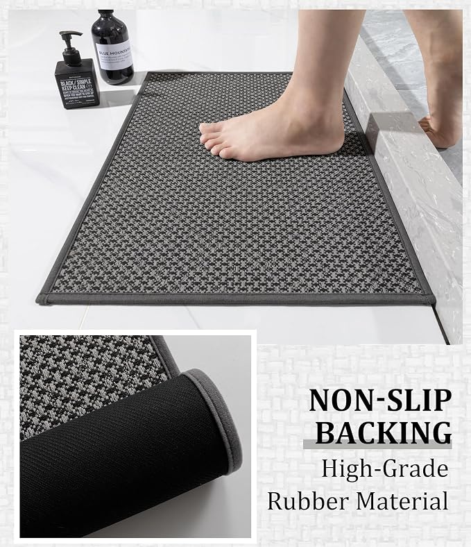 YIHOUSE Thin Bath Mat Dark Grey Bathroom Rugs Sets 3 Pieces, Non Slip Absorbent Bath Mats Quick Dry, Woven Braided Rugs Washable, Rubber Tapetes para Baño for Bathroom Toliet,Bathtub