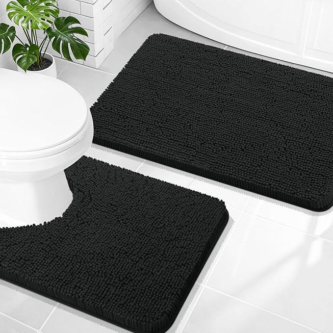 OLANLY Chenille Bathroom Rugs Mats Sets 2 Piece, 30"x20"+24"x20", Black | Soft Absorbent Bath Mat and U-Shaped Contour Toilet Rug Set, Quick Dry, Machine Washable Bath Carpet, Home Decor Accessories