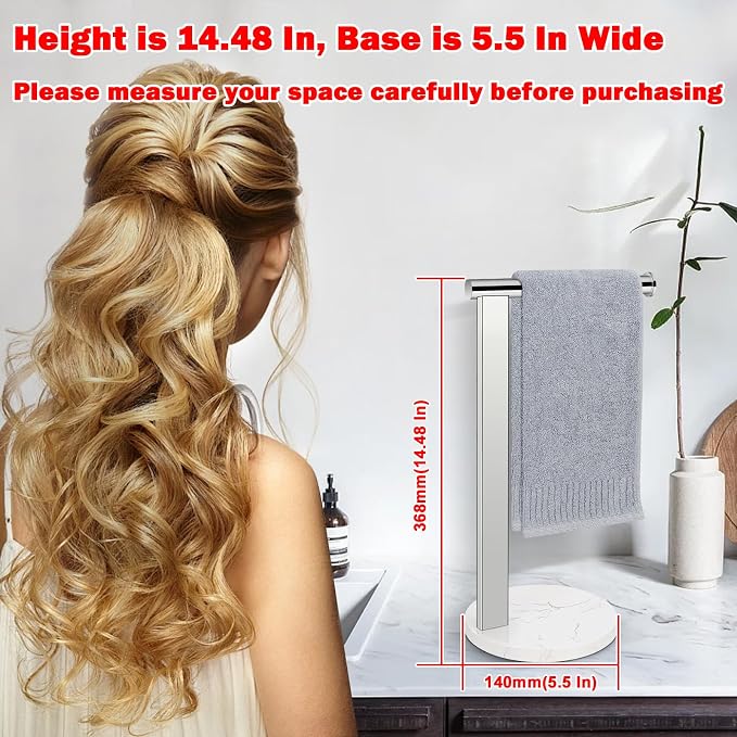 Hand Towel Holder Stand for Bathroom, L- Shaped Standing Hand Towel Rack, Towel Bar Kitchen Vanity Countertop Organizer, SUS304 Stainless Steel Material (Marble Base, Chrome)