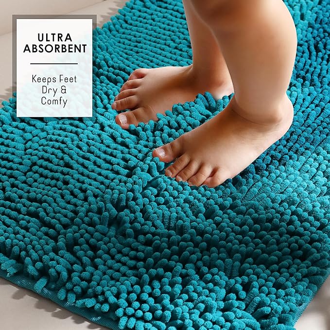 Hearth & Harbor Bathroom Rugs, Chenille Bath Mat - Machine Washable Bath Mats for Bathroom Non-Slip Backing Rubber, Quick Dry Bathroom Mat - Teal Bath Rug, 26x44