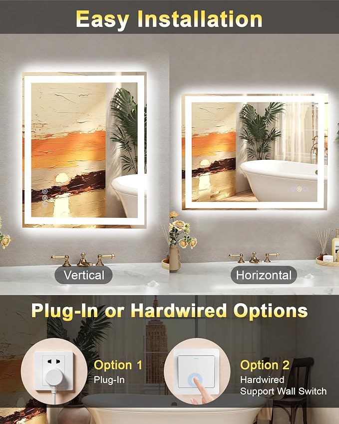 30x36 LED Bathroom Mirror, 6000LM, Separate Front and Back Lights | Shatter-Resistant Tempered Glass,Auto-Off Defogger,3 Color Modes,Smooth Dimming,Smart Memory Setting