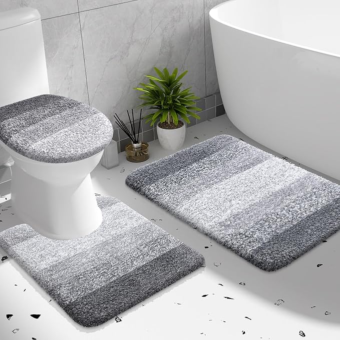 OLANLY Bathroom Rugs Sets 3 piece, Soft Microfiber Absorbent Bath Mat, U-Shaped Contour Toilet Mat and Toilet Lid Cover, Quick Dry, Machine Washable, Toilet Cover and Rug Set for Bathroom, Grey