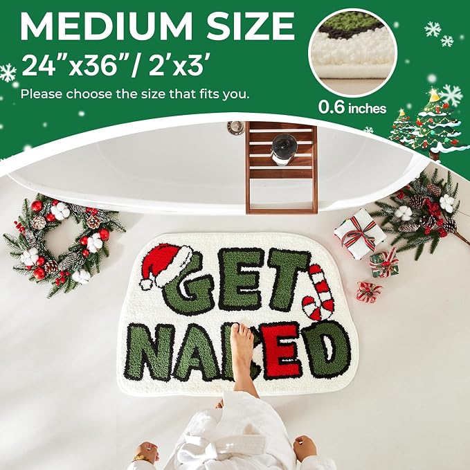 TYUU Get Naked Bath Mat, Christmas Bathroom Rugs Extra Soft Absorbent, Non Slip Washable Bathroom Mat Holiday Xmas Home Decor Indoor Bath Rug, Christmas-Themed Get Naked, 24"x36"