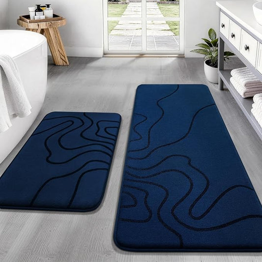 YIHOUSE Memory Foam Bathroom Rugs Sets 2 Piece, 17"x24"+20"x46", Dark Blue | Ultra Soft, Extra Thick Bath Mat, Absorbent, Non-Slip, Machine Washable, For Tub, Shower & Home Decor Accessories