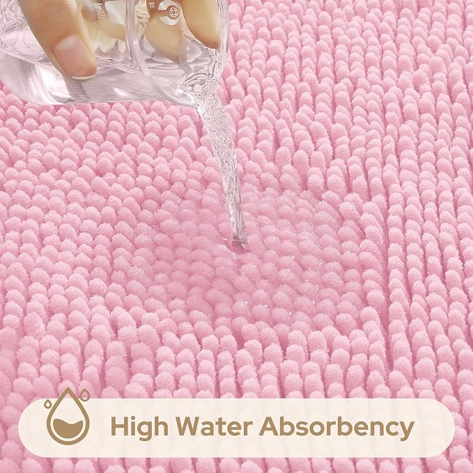 HOMEIDEAS Light Pink Chenille Bathroom Rugs Set of 3, Non Slip Bath Mat | Super Absorbent, Soft Microfiber, Machine Washable, Stain Resistant, for Bathroom Decor