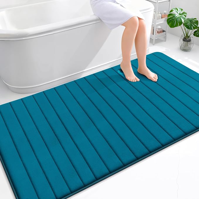 OLANLY Memory Foam Large Bath Mat 70x46, Super Soft Absorbent Bathroom Rugs | Peacock Blue, Quick Dry Bath Rug, Machine Washable Shower Floor Mats, Bathmat Carpet for Bathroom Floor, Tub and Shower