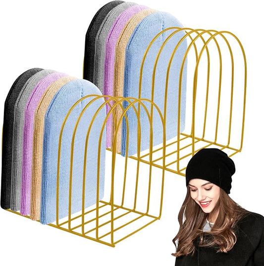 2 Pcs Beanie Holder Organizer, Knitted Hat Storage Rack Display Stand Metal Cap Holder for Winter Swimming Hat Display Home Entryway Tabletop Bedroom Closet Dresser Room Office (Gold, 2 Pcs)