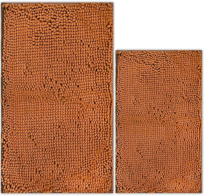 Bathroom Rugs Chenille Bath mat 2 Piece Set, Super Absorbent, PVC Non Slip Backing, Bath mats for Bathroom, Plush Shaggy, Thick, Machine Washable, Bathtub, Shower, Toilet.(Champagne)