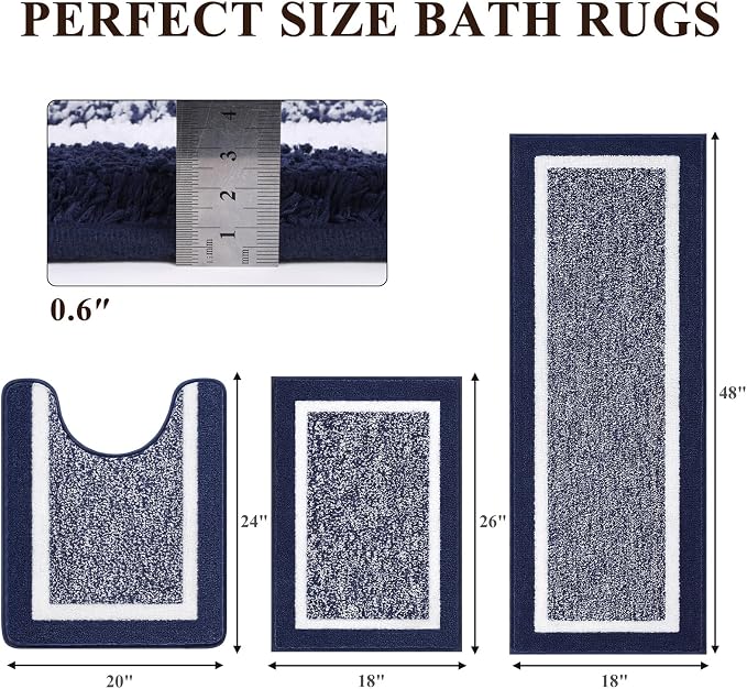 Pauwer Bathroom Rugs 3 Piece Set, Non Slip Washable Bath Mat, Navy | Soft Plush Microfiber, Super Absorbent Floor Carpet, U Shaped Toilet Mats, Quick Dry, Shaggy Shower Rugs Runners