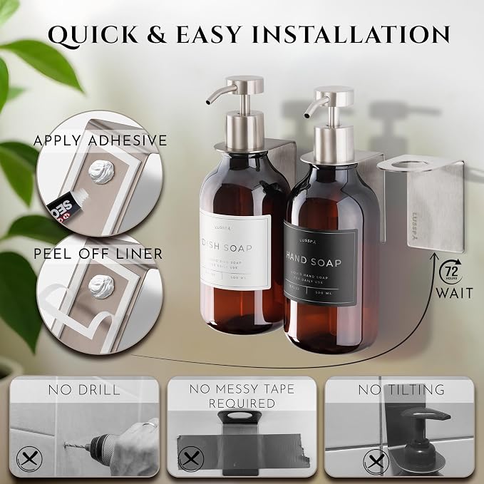 Shower Shampoo Dispenser Wall Mounted – 3 Refillable 16.9 oz Amber Bottles with Stainless Steel Pumps & No-Drill Adhesive Holders – Soap Dispenser Set for Bathroom (3 X Amber/Silver)