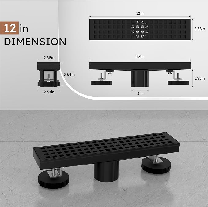 Linear Shower Drain 12 Inch, Modern Rectangle Shower Floor Drain with Removable Quadrato Pattern Grate, Stainless Steel SUS 304, Linear Drain with Leveling Feet& Hair Strainer