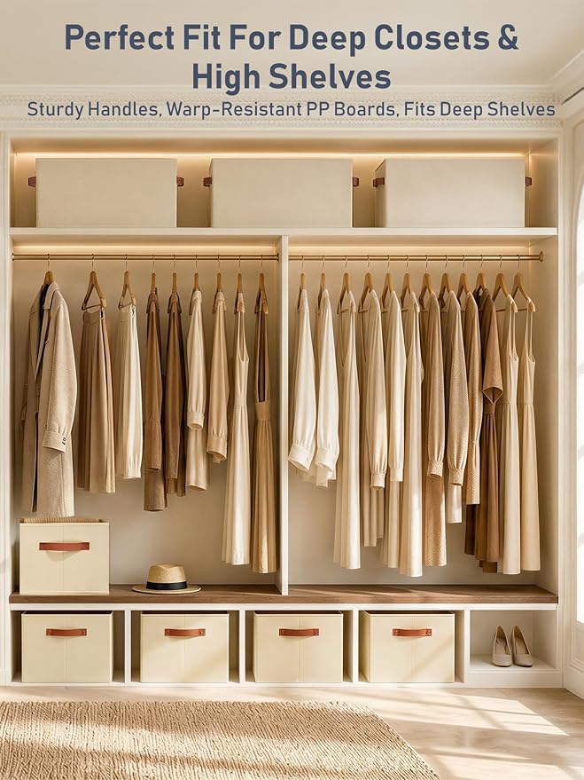 6 Pack Large Closet Storage Baskets Bins for Shelves, Collapsible Fabric Closet Organizers and Storage with Polyester Handles, Decorative Baskets for Organizing Clothes, Towels, Linen Closet 16x12x10"