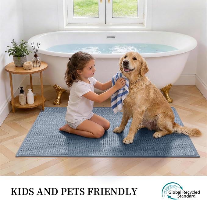 YIHOUSE Navy Blue Bathroom Rugs Sets 4 Piece, Quick Dry Thin Bath Mat with Toilet Rug, Non Slip Absorbent Machine Washable, Bath Runner Rugs for Bathtub Sink Home Decor