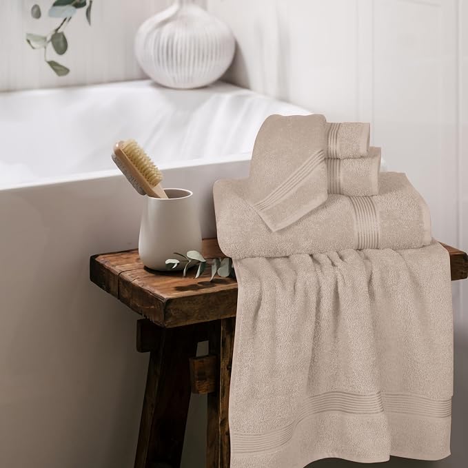 Ultra Soft 6 Pack Cotton Towel Set, Contains 2 Bath Towels 28x55 inch, 2 Hand Towels 16x24 inch & 2 Wash Coths 12x12 inch, Ideal Everyday use, Compact & Lightweight - Tan