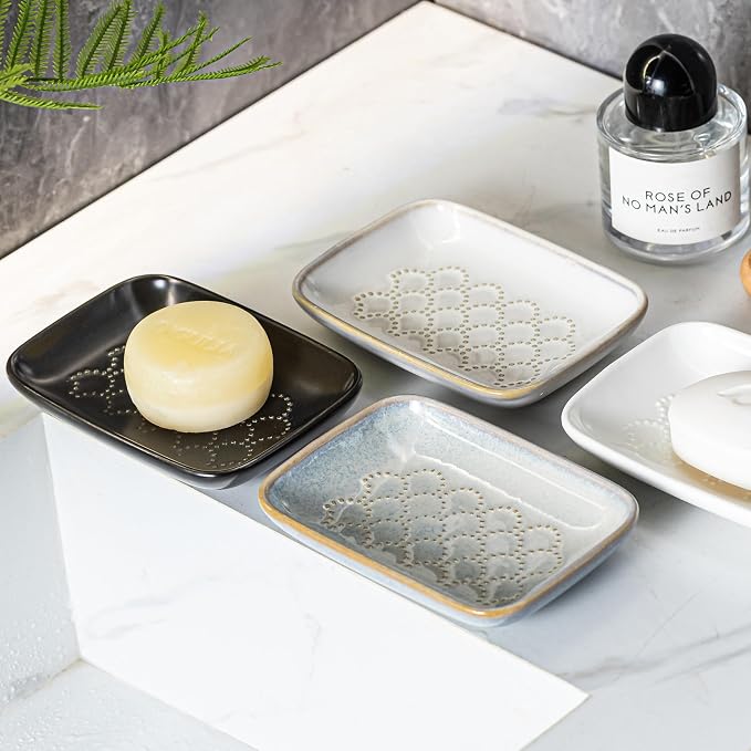 Gomakren Ceramic Soap Dish Bar Soap Holder for Bathroom Kitchen Sink, Gray | Keeps soap dry & long-lasting, raised scalloped design, non-slip base, easy to clean, versatile tray counter storage & decor