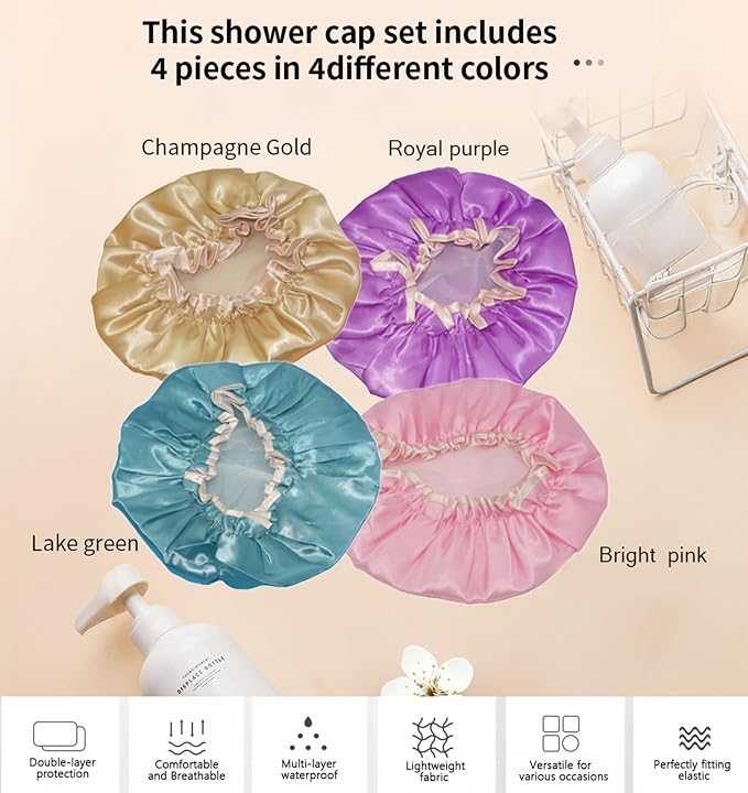 4 Pack Bright Colored EVA Shower Caps, Double Layer Waterproof, Reusable & Durable, Premium Hair Protection, Shower Cap for Women, Ideal for Shower, Bath & Spa, Multi-Use Daily Hair Care Caps