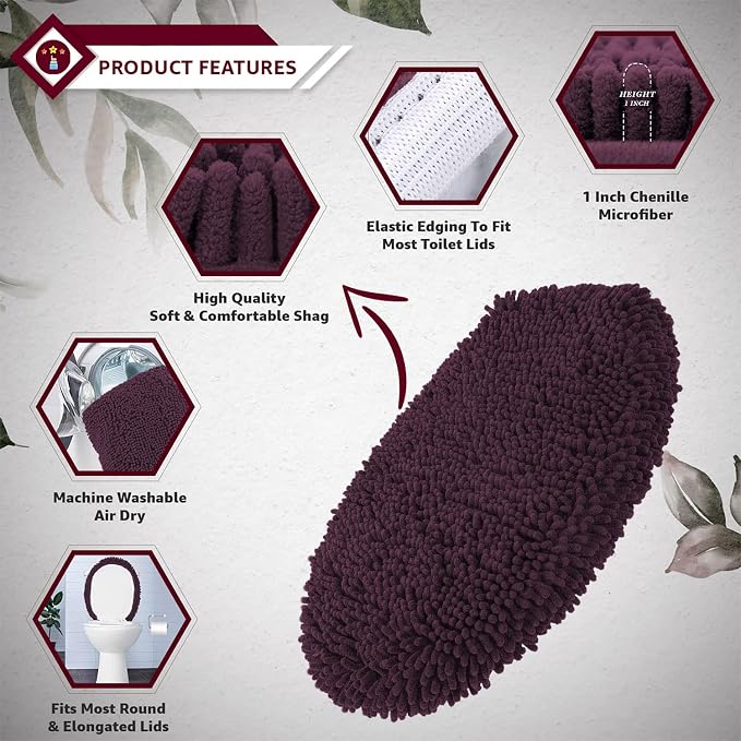 LuxUrux Toilet Lid Cover, Extra-Soft Plush Seat Washable Shaggy Microfiber Standard Toilet Lid Covers for Bathroom Machine Wash & Dry. (18 x 21 inches, Plum)