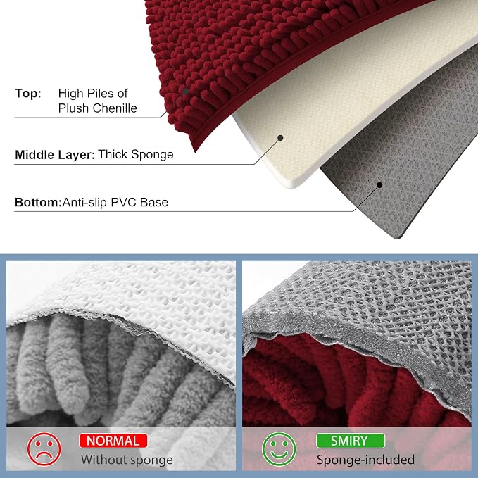 Smiry Chenille Bathroom Rugs Sets 2 Piece (24x16+ U Shape 24x20, Red) | Soft Absorbent Machine Washable Non Slip Shaggy Bath Rug Set for Tub, Shower, and Floor, Home Decor