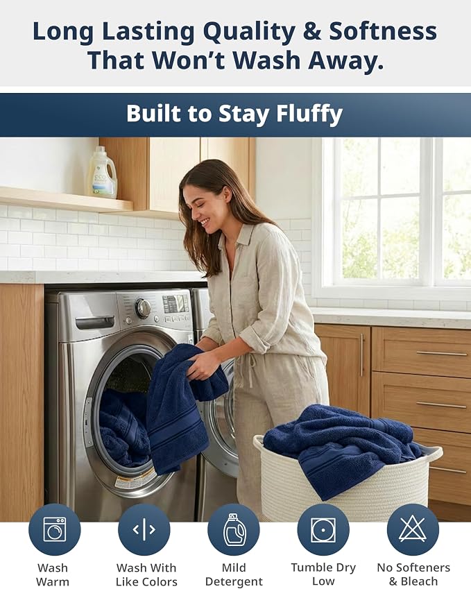 LANE LINEN Bath Towel Set 100% Cotton 6 Piece Soft Absorbent - Navy | Shower Towels - Generously Sized, Oversized & Roomy, Lightweight & Breathable, Fade-Resistant Color, Classic Terry Weave