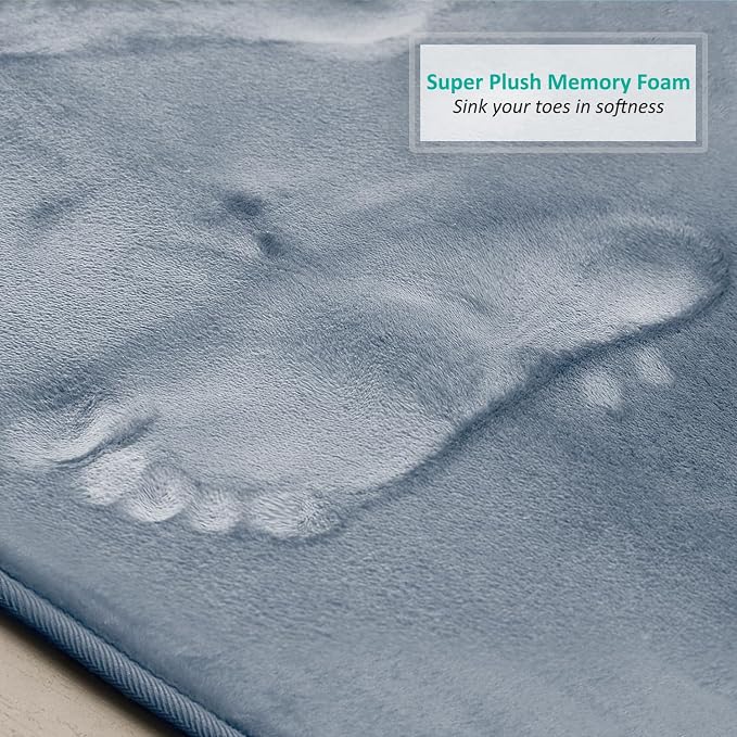Clara Clark 2 Piece Bathroom Rugs, Velvet Memory Foam Bath Mat Set, Non-Slip Bath Rugs, Machine Wash, Dries Quickly, Ultra Soft Plush Bath Mats for Bathroom, 17 x 24 + Contour, Stone Blue